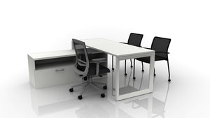 Pivit Frame 72x30 Straight Desk with Low Credenza, Derby, and Match Mobile Chairs