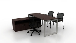 Pivit Frame 72x30 Straight Desk with Low Credenza, Derby, and Match Mobile Chairs