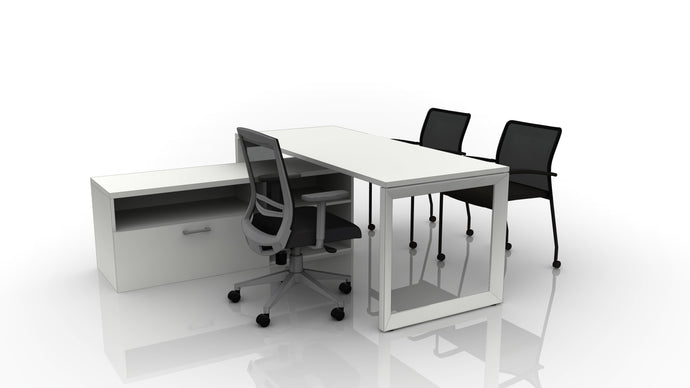 Pivit Frame 72x30 Straight Desk with Low Credenza, Derby, and Match Mobile Chairs